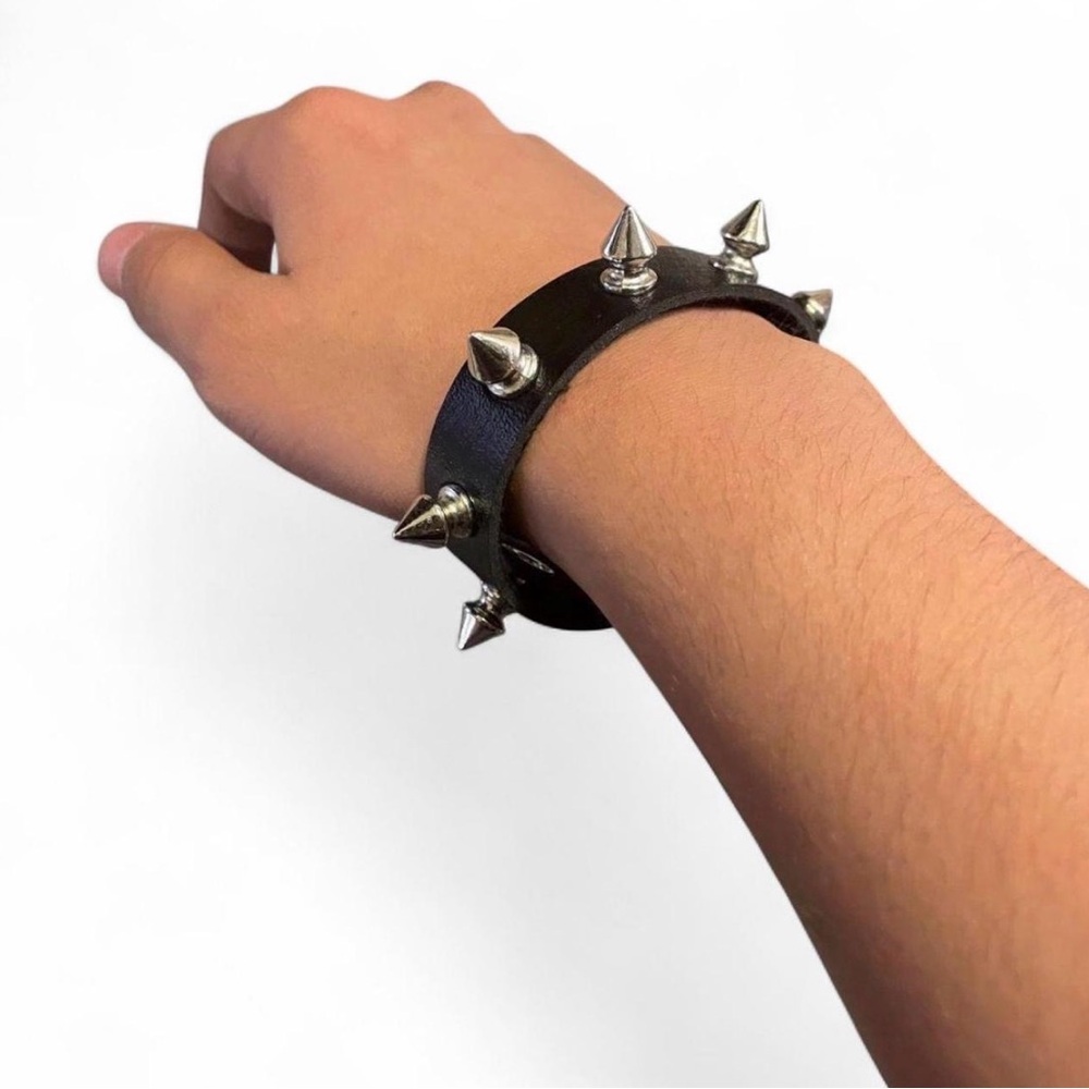 Punk Black Faux Leather Spiked Bracelet - Silver Cone Stud Cuff